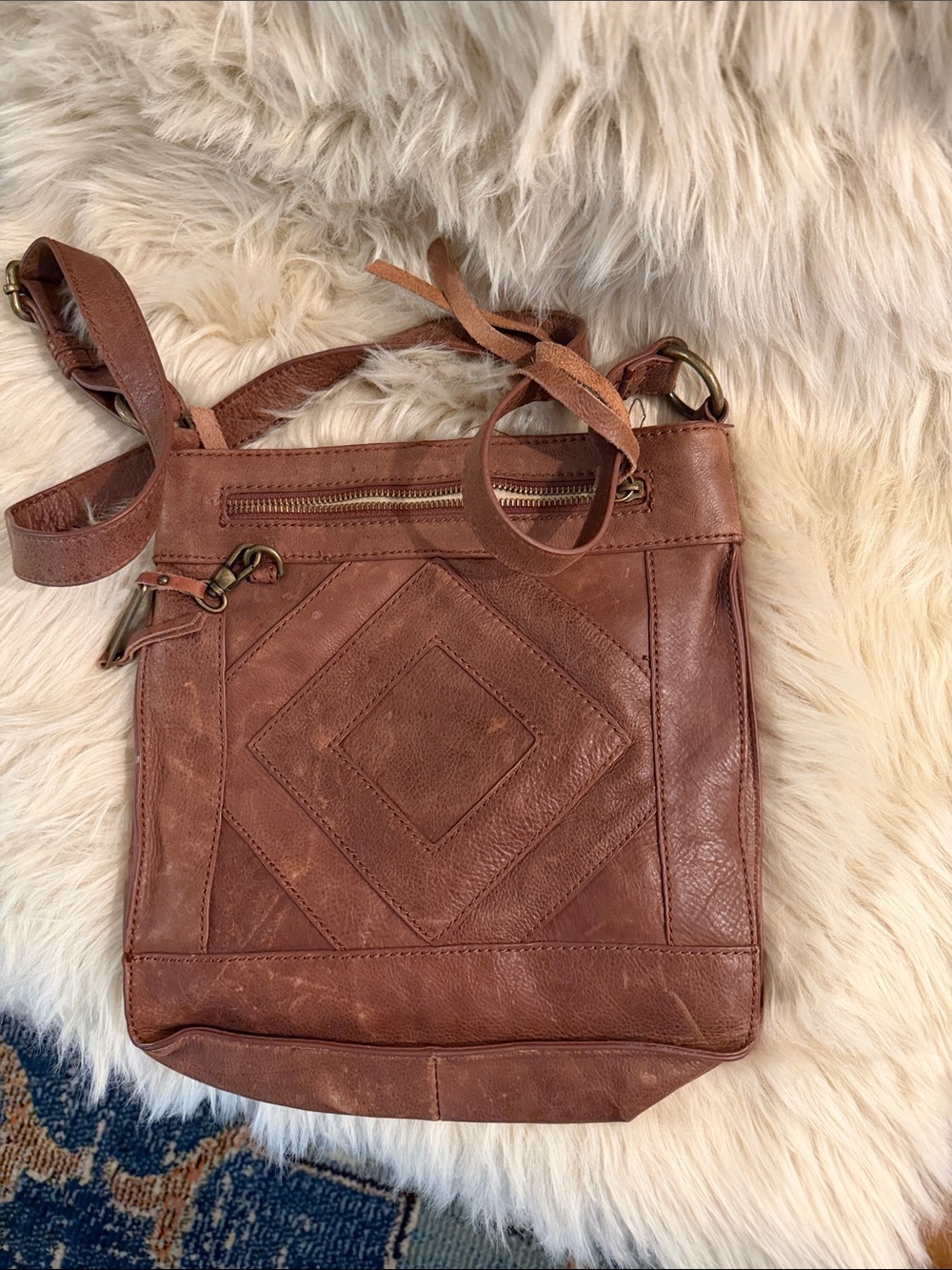 Lucky Brand Brown Leather Crossbody with Diamond Stitch Detail